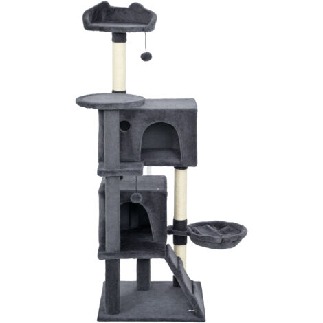 PawHut Albero Tiragraffi Alto 140cm con 2 Casette, Lettino e Amaca Grigio