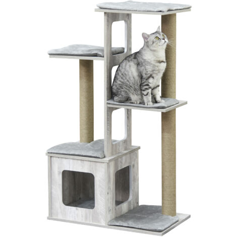PawHut Albero Tiragraffi per Gatti Multi-livello, Cuccia e Corde in Iuta Grigio