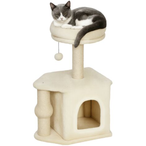 PawHut árbol rascador para gatos altura 66 cm árbol para gatos torre para gatos con cama cueva plataforma bola colgante y poste de yute beige