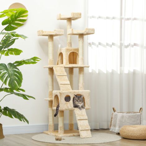 PawHut Árbol Rascador para Gatos, Árbol para Gatos 173 cm, Torre Escalador con 2 Cuevas, 3 Camas, 2 Rampas, Postes de Sisal, 2 Ratones Colgantes, Beige