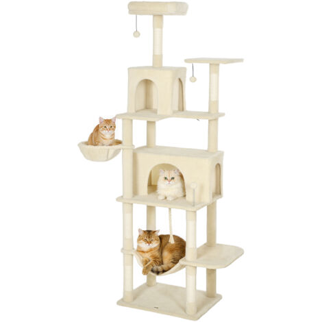 PawHut árbol rascador para gatos, árbol para gatos 202 cm, torre escalador con plataformas, cama, cuevas, cama, postes de sisal, bolas, cuerda, beige