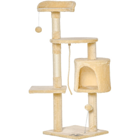 Pawhut – Arbre à chat beige 40L x 40l x 114H cm – Panneaux de particules et peluche haute densité – Griffoirs, niche et jouets inclus