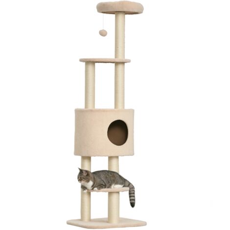 PawHut Arbre à chats avec griffoir arbre à grimper pour chat avec niche et plate-formes peluche haute densité hauteur 148 cm beige-Beige
