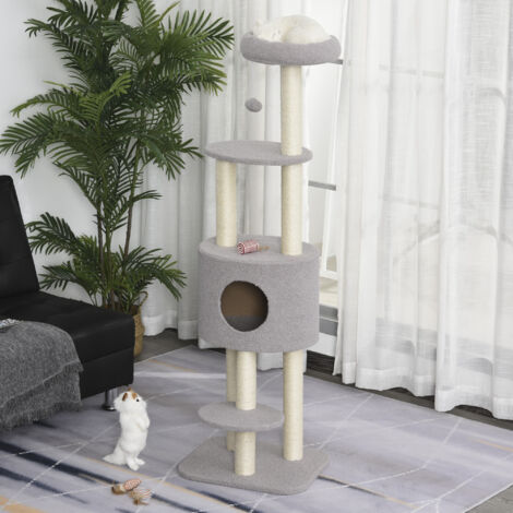 PawHut Arbre à chats avec griffoir arbre à grimper pour chat avec niche et plate-formes peluche haute densité hauteur 148 cm gris