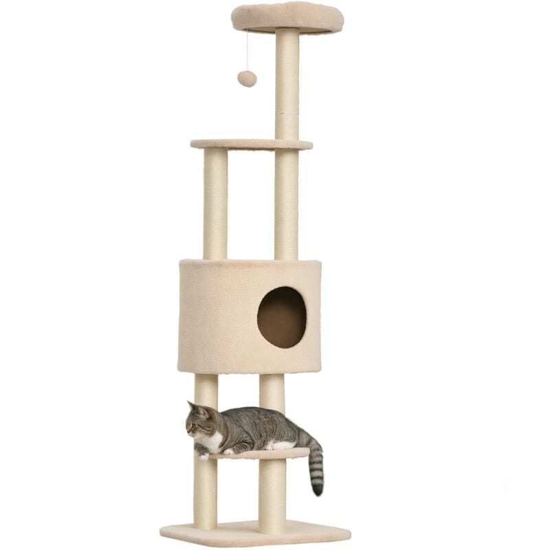 Arbre à Chats avec Griffoir Niche Poteaux Peluche Haute Densité 45L x 40L x 148H cm Beige - Pawhut