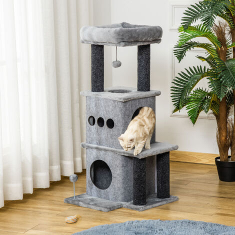 PawHut Arbre à chats design cosy chic multi-équipements centre d'activités niches plateformes lit jeu boule feutres amovibles lavables panneaux de particules peluche courte 48 x 48 x 100 cm gris