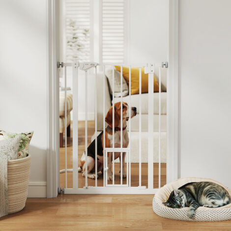 PawHut Barrera de Seguridad para Perros Barrera para Mascotas Extensible con Puerta Pequeño Cierre Automático y Sistema de Doble Bloqueo para Puerta Pasillo Escalera 74-80x91,4 cm Blanco