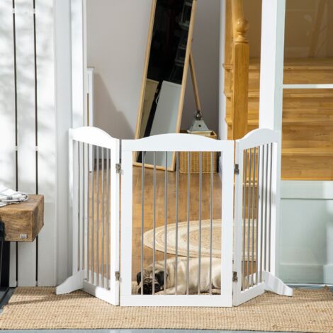 PawHut Barrera de Seguridad para Perros para Escaleras y Puertas Diseño Plegable y Pies de Apoyo 154x30x80 cm Blanco