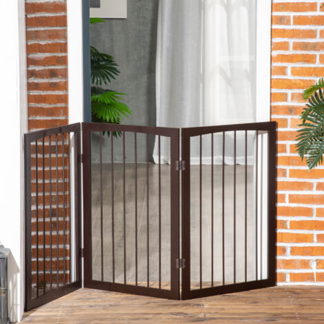 PawHut Barrera de Seguridad Plegable de 3 Paneles 160x76 cm Rejilla de Protección para Perros Pequeños para Puertas Escaleras Pasillos Café Oscuro
