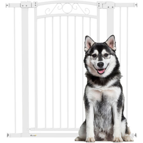 PawHut barrera para perros puerta para perros con ancho ajustable 76-104 cm 2 extensiones y doble bloqueo para escaleras y puertas blanco