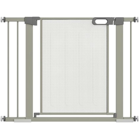 Pawhut – Barrière de sécurité animaux 75-103 cm – Acier et ABS gris – Ouverture double sens – Installation sans perçage – Double verrouillage
