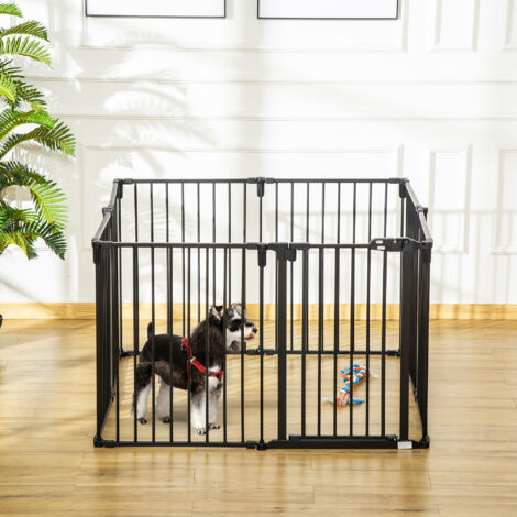 PawHut Barrière de sécurité barrière de protection cheminée parc enclos chien pliable modulable 8 panneaux avec porte sans perçage 482.5 x 76 cm noir