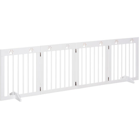 Pawhut – Barrière de sécurité pour chien modulable pliable 4 panneaux – En bois de pin blanc – Dimensions 204L x 61H cm – 2 pieds supports amovibles
