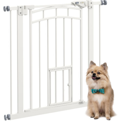 Pawhut – Barrière de sécurité pour chien ajustable 74-80 cm – Acier blanc – Double verrouillage – Petite porte pour chats – Installation facile