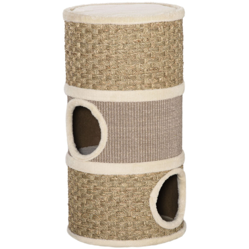 

Pawhut - Barril de Rascado para Dormir y Jugar Cama Cómoda Poste Rascador de 3 Niveles - Caqui