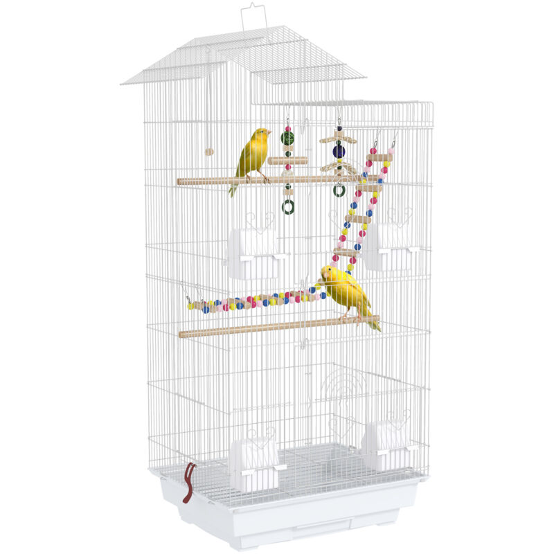 Pawhut - Bird Cage for Budgies, Finches, Canaries w/ Toys, Tray, White