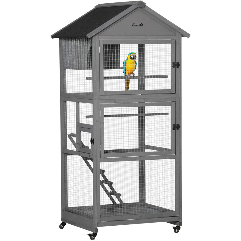 Pawhut - Bird Cage Wooden Aviary for Canary Cockatiel Parrot w/ Wheels Tray - Dark Grey