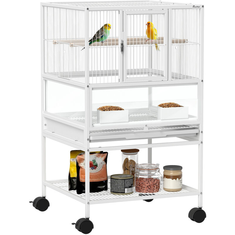 PawHut Bird Cage Parrot Cage with Rolling Stand Acrylic Viewing Panels White