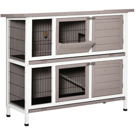 PawHut Cage à lapin en bois massif clapier 2 niveaux toit ouvrant avec auge plateaux coulisants 4 portes 122 x 50 x 101 cm gris blanc
