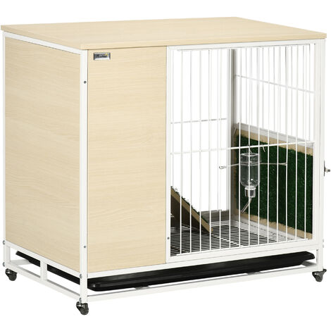 Pawhut – Clapier à lapin sur roulettes 2 niveaux – Toit ouvrant – Plateau déjection coulissant – Acier blanc aspect bois clair – Niche intégrée