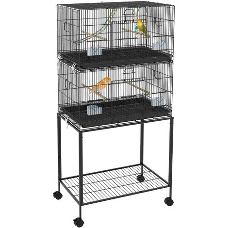 Pawhut – Cage à oiseaux sur roulettes 77L x 46l x 164H cm – Acier noir – 4 perchoirs, 4 mangeoires – Plateau déjection, poignée
