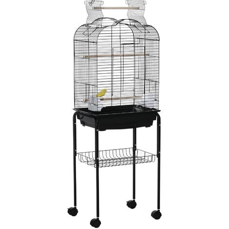 PawHut Cage à oiseaux volière amovible sur roulettes - toit ouvrant, tiroir déjection, 2 perchoirs, 2 trappes, porte, 2 mangeoires, 2 poignées - étagère - acier PP noir - Noir