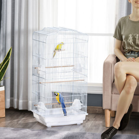 Pawhut Cage à oiseaux volière avec mangeoires perchoirs plateau excrément amovible cage pour canaris perruches perroquets 46.5 x 35.5 x 92 cm blanc