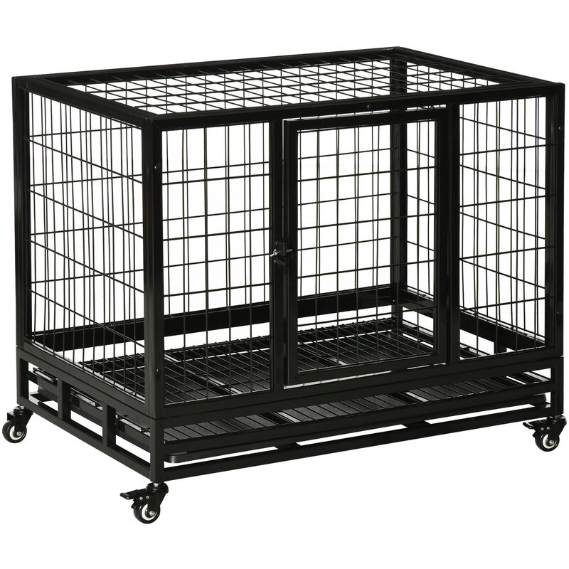 Pawhut - Cage pour chien animaux cage de transport sur roulettes 2 portes noir - Noir