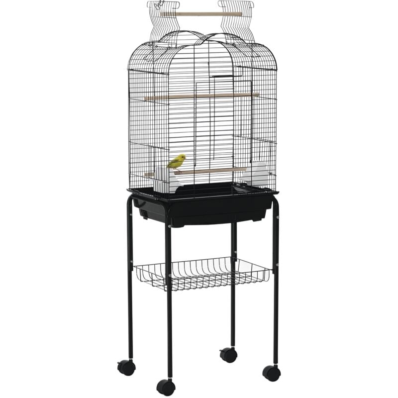 Cage à oiseaux volière amovible sur roulettes - toit ouvrant, tiroir déjection, 2 perchoirs, 2 trappes, porte, 2 mangeoires, 2 poignées - étagère