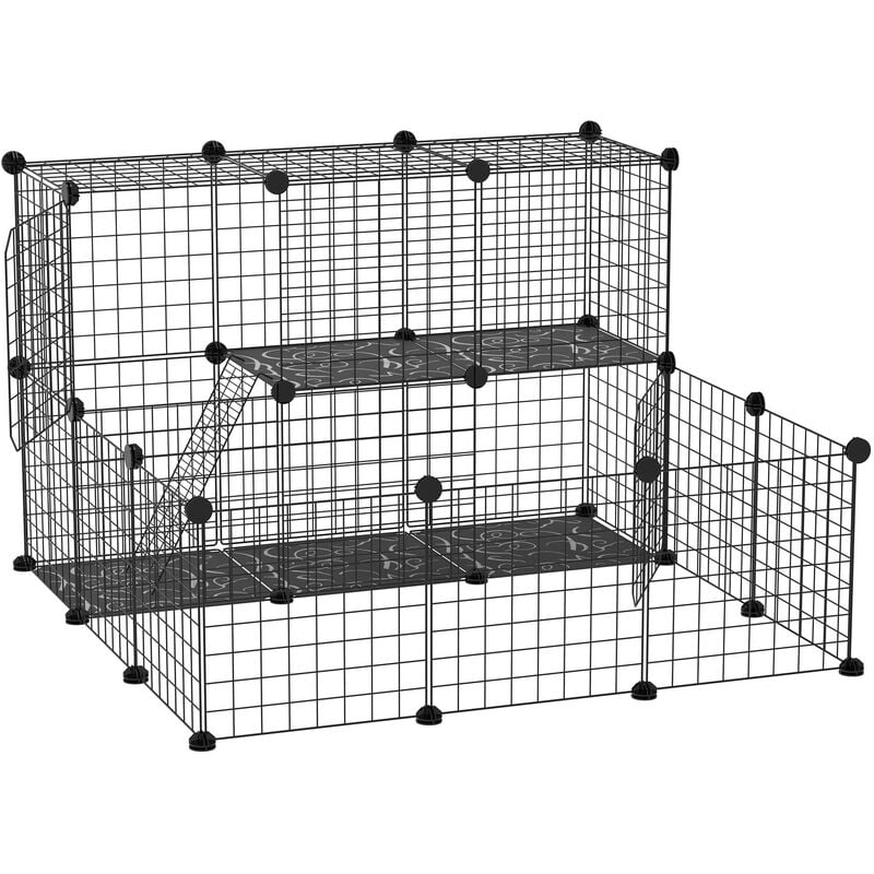 Cage parc enclos rongeurs modulable dim. L 105 x l 105 x H 70 cm 2 niveaux 2 portes rampe résine PP fil métallique noir