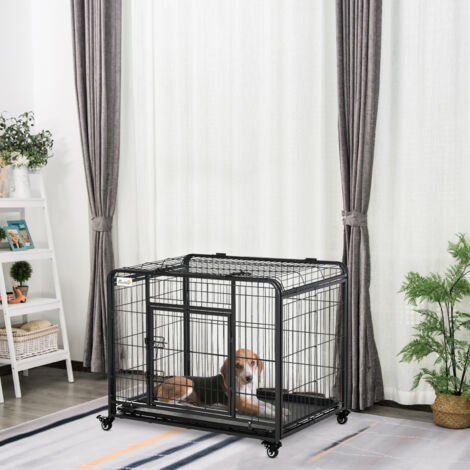 PawHut Cage pour chien pliable cage de transport sur roulettes 2 portes verrouillables plateau amovible dim. 94L x 58l x 69.5H cm métal gris noir
