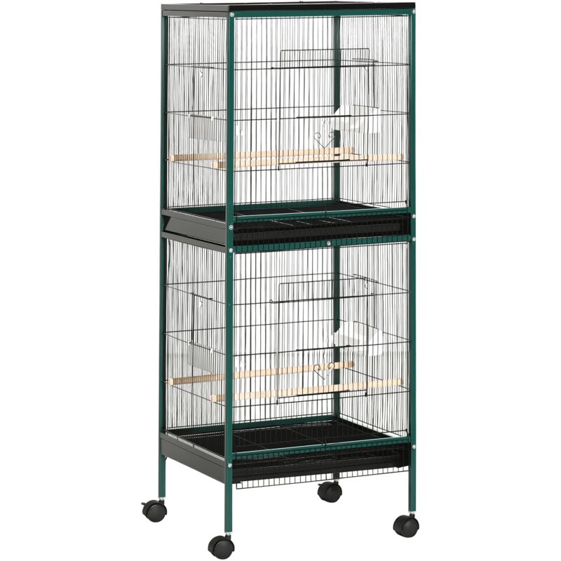 Grande cage à oiseaux sur pied à roulettes - volière double, mangeoires, perchoirs, plateau amovible - vert noir