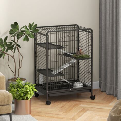 PawHut Cage pour rongeurs cage pour Petits Animaux Roulante 3 Rampes 3 Plates-formes Plat et Bouteille d'Eau Bac Inférieur Amovible pour lapin vison d'animaux chinchilla Acier PP 61.5x44x95cm Noire
