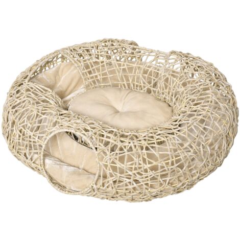 PawHut cama para gatos de ratán 78x69x22 cm cesta para gatos rolliza con cojín suave 3 orificios de acceso túnel para gatos madera natural