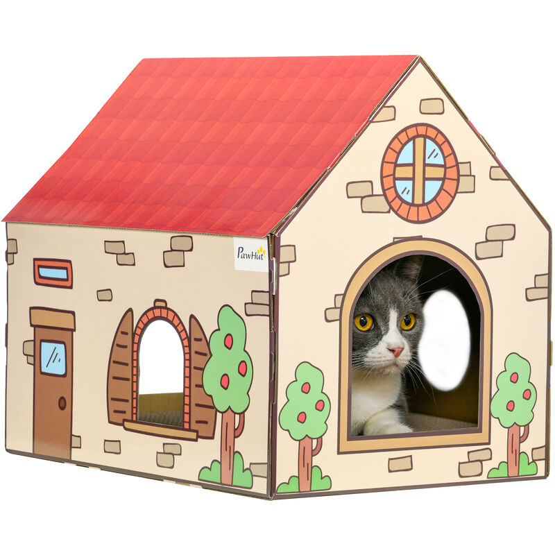 Cat House Scratcher, Recyclable Cardboard with Catnip, Red Roof - Pawhut