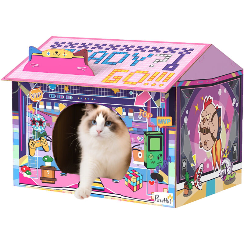 PawHut Cardboard Cat House with Scratching Board & Catnip, Gaming Style