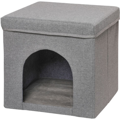 PawHut Casa Cuccia per Gatti Pieghevole a Cubo con Cuscino e Tiragraffi Grigio
