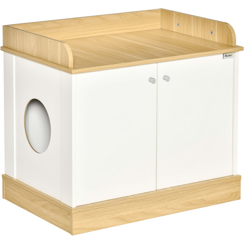 

Casa para Gatos de Madera Mueble Arenero para Gatos 2 en 1 con Estante de Almacenaje Doble Puerta y Orificio de Entrada Lateral 75x53x67 cm - Blanco