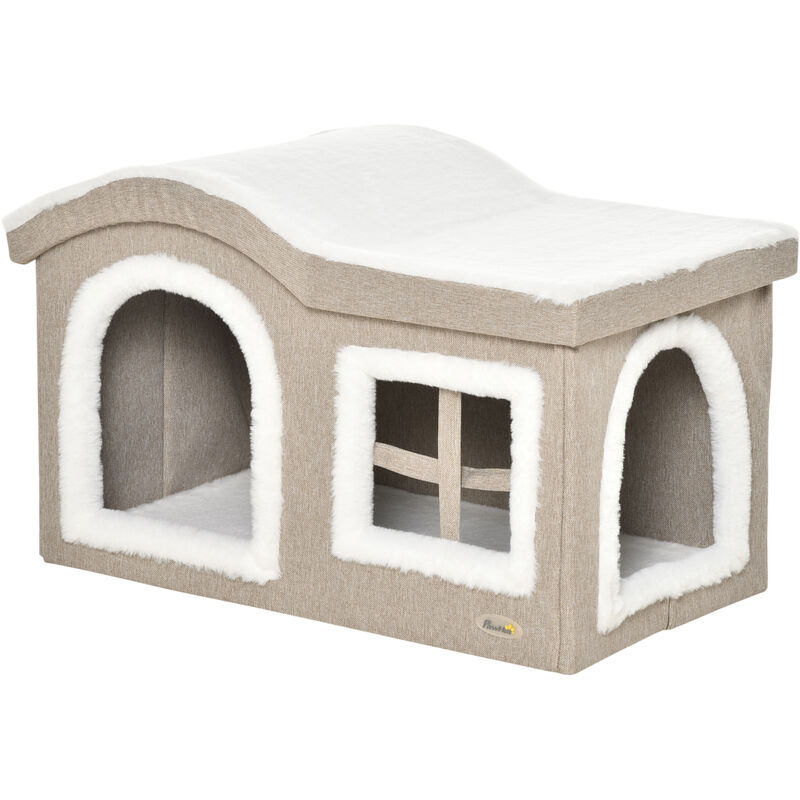 

Casa Plegable para Gatos Interior Cueva para Gatos Grande con Tapa Extraíble Cojines 2 Entradas y Ventana Taburete para Gatos 63,5x37x40 cm - Beige