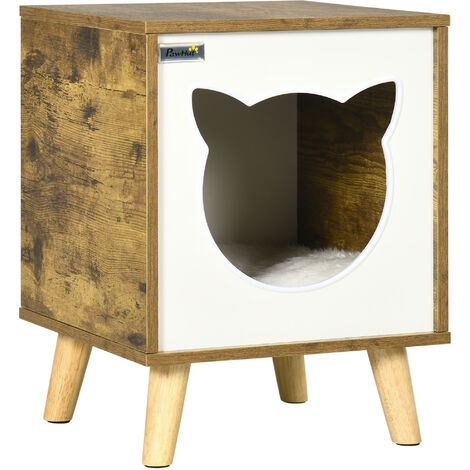 Pawhut caseta de madera para gatos casa para gatos interior cuerva de gatos con cojín lavable y patas elevadas 34x34x44,5 cm marrón