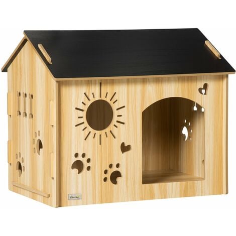 PawHut caseta de madera para perros pequeños casa para mascotas interior con puerta delantera de forma de sol corazón pata 69x50x58,5 cm Roble