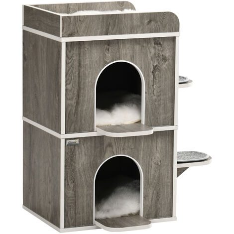Pawhut caseta para gatos de madera casa para gatos forma de barril con 3 cojines 2 orificios frontales y 2 plataformas laterales 68x53x80,5 cm gris