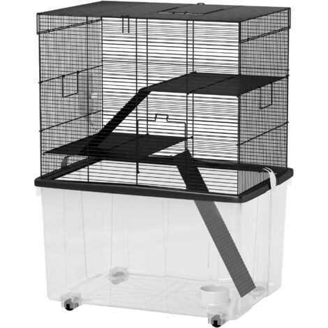 PawHut Casetta per Criceti 3 Piani con Ruote, Rampe e Bottiglia 58x43x74 cm Nero