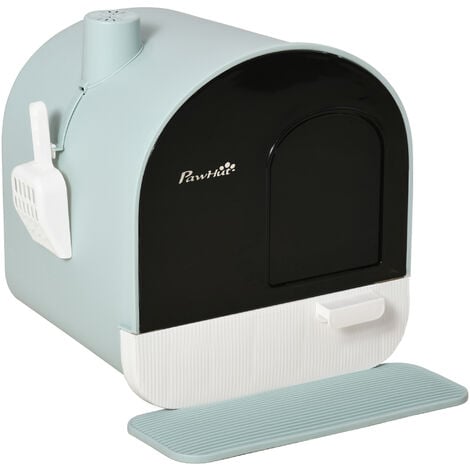 PawHut Cat Litter Box Kitten Litter Tray w/Hood, Scoop, Filter, Flap Door Green