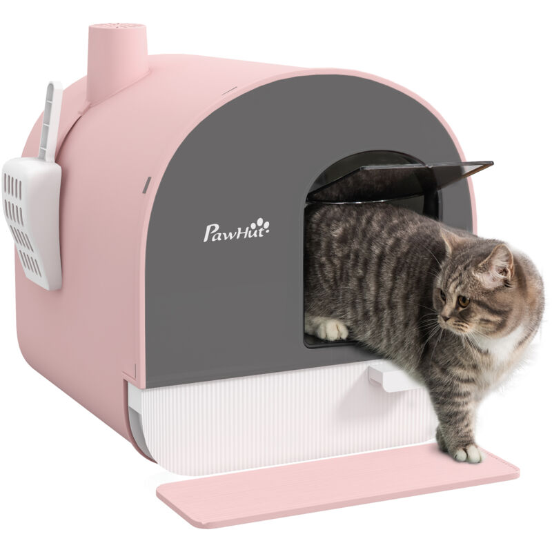 Pawhut - Cat Litter Box Kitten Litter Tray w/Hood, Scoop, Filter, Flap Door Pink