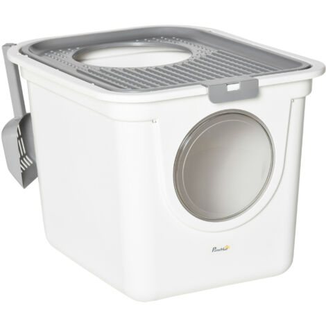 PawHut Cat Litter Tray Pet Litter Box w/ Front Entrance, Top Exit, Scoop - White