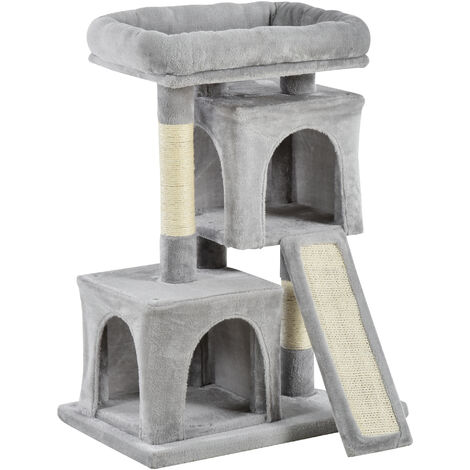 main image of "PawHut Cat Rest & Play Activity Tree w/ 2 House Perch Scratching Post Light Grey"