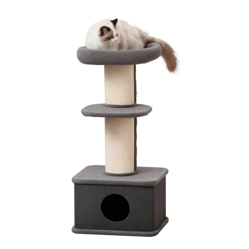 Cat Rest & Relax Tree Kitten Tower Multi-level w/ Sisal Scratching Grey - Pawhut