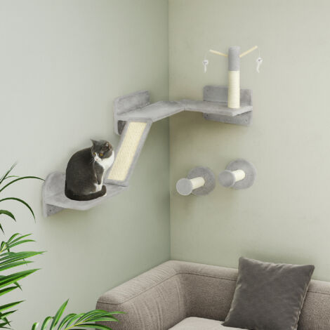 PawHut Cat Shelves, 3 Piece Corner Scratching Posts Perches, Light Grey
