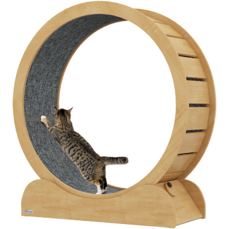 "PawHut Cat Treadmill, 39.4"" Wooden Cat Running Wheel with Brake Natural"